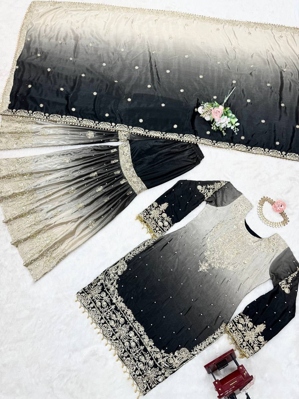 Peding-Grey Elegant Chinon Silk Designer Suit With Sharara & Dupatta