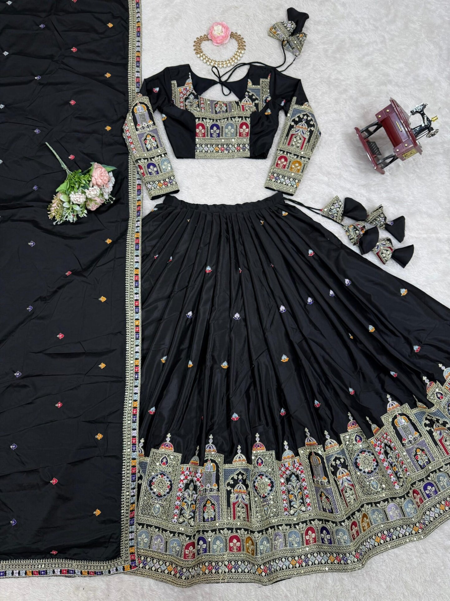 Taj-Black Traditional Designer Embroidery Work Black Lehenga