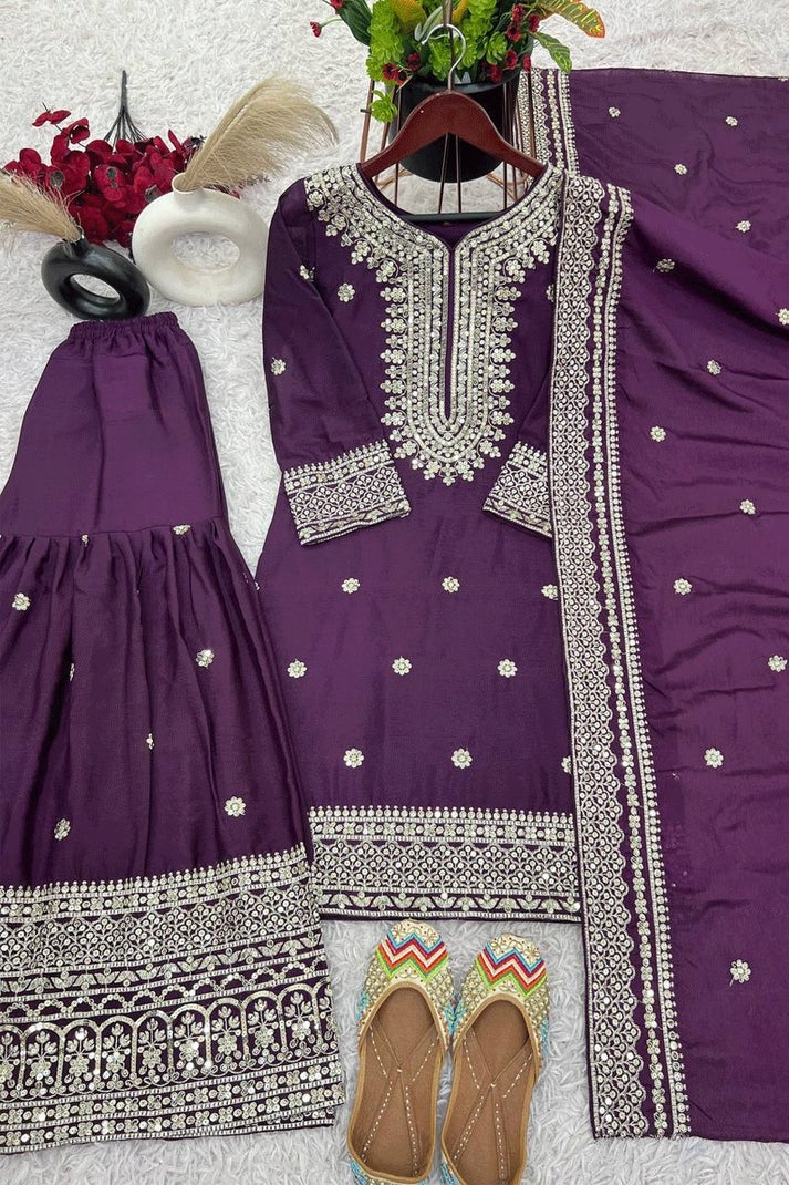 Liza-Wine Embroidered Work Chinon Silk Sharara Suit