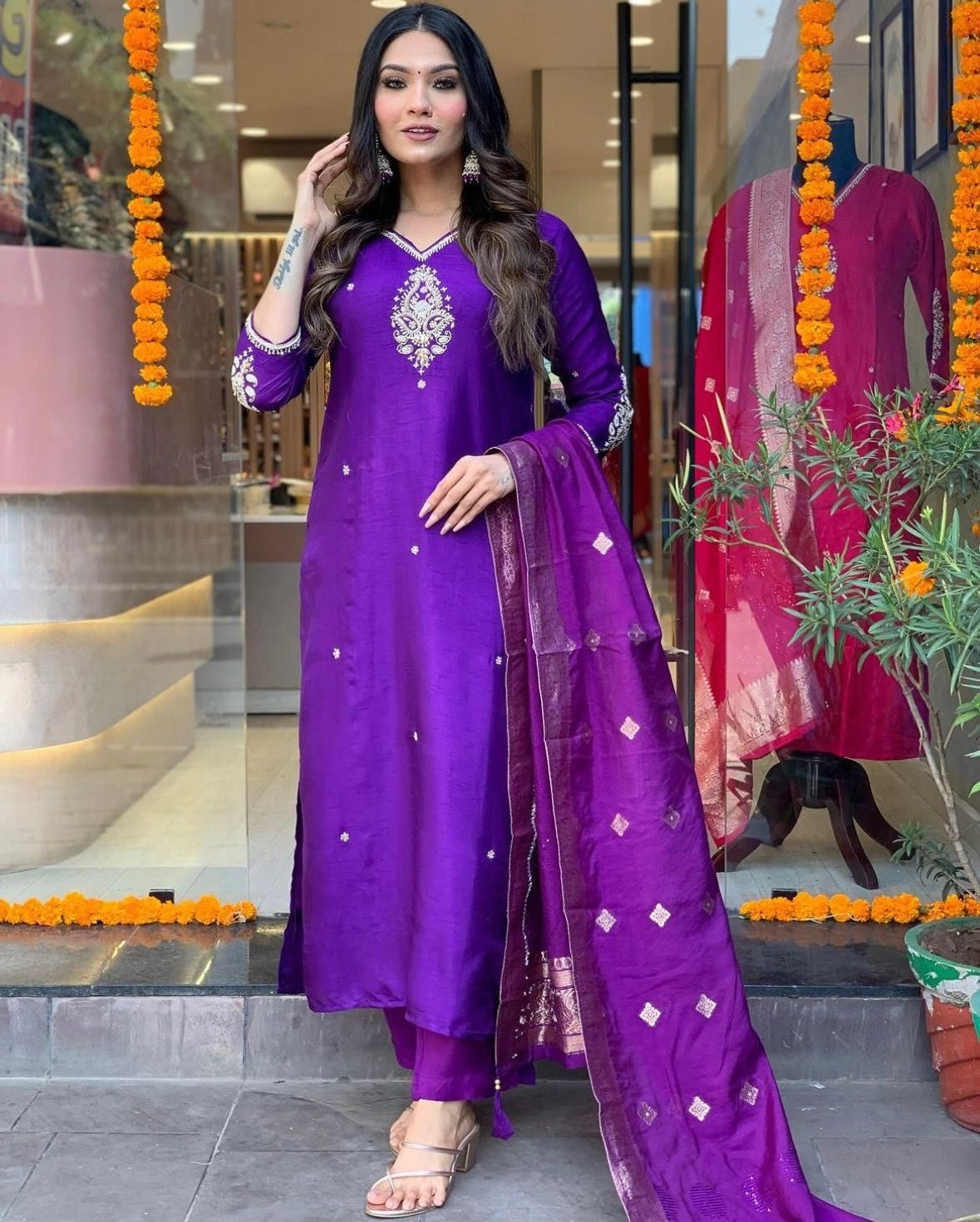 purple Viscos Chanderi Dress