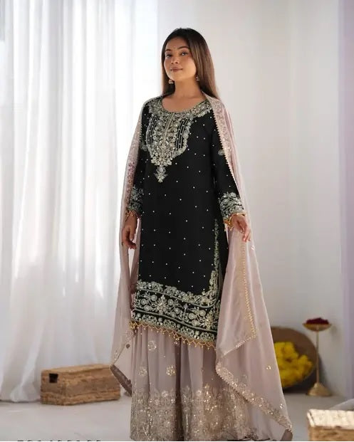 Vetrika-Black Designer Trendy Faux Georgette Sharara Suit