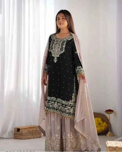 Vetrika-Black Designer Trendy Faux Georgette Sharara Suit