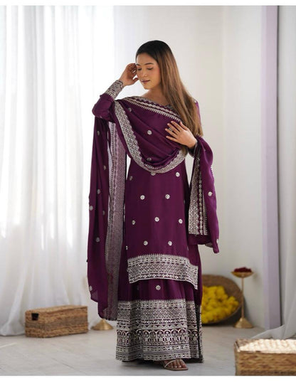 Liza-Wine Embroidered Work Chinon Silk Sharara Suit