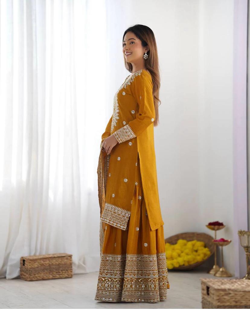 Liza-Mustard Chinon Silk Sharara Suit