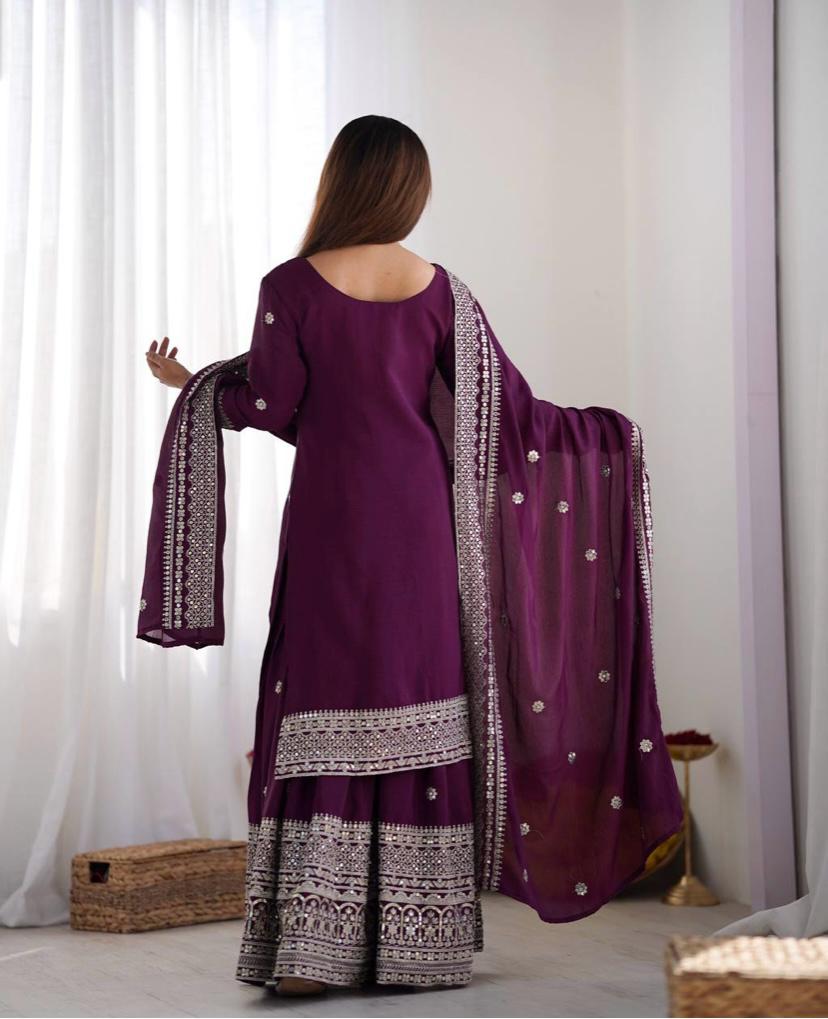 Liza-Wine Embroidered Work Chinon Silk Sharara Suit