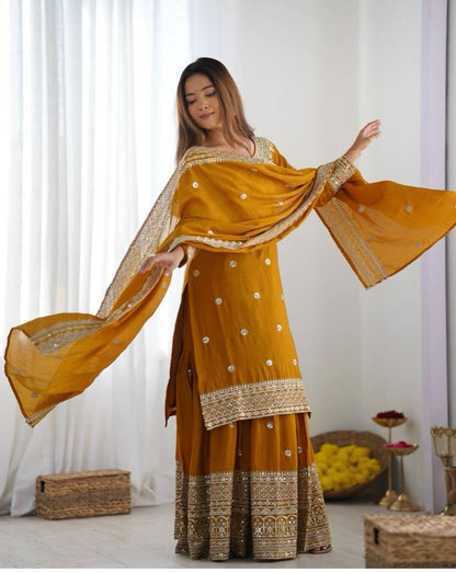 Liza-Mustard Chinon Silk Sharara Suit