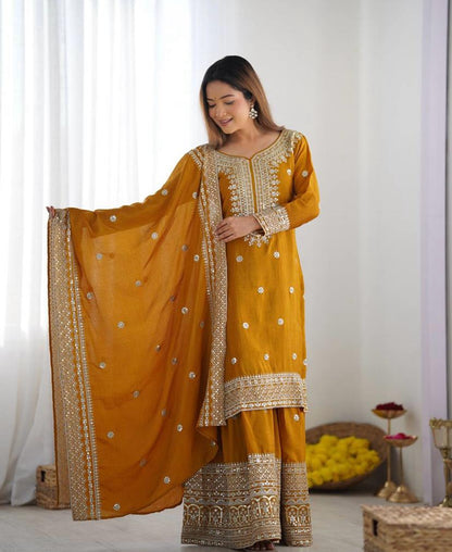 Liza-Mustard Chinon Silk Sharara Suit