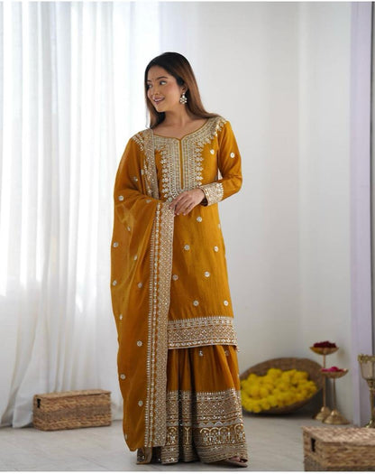 Liza-Mustard Chinon Silk Sharara Suit
