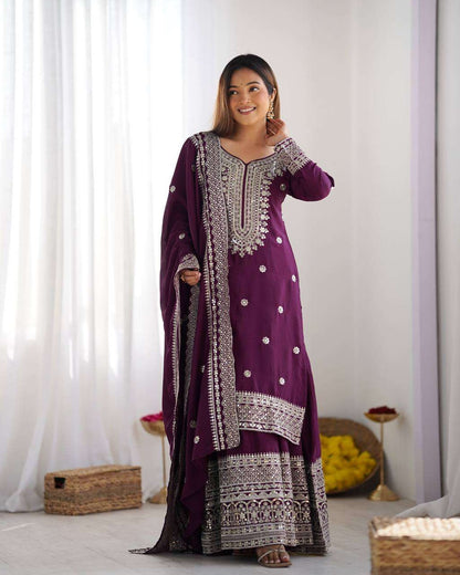 Liza-Wine Embroidered Work Chinon Silk Sharara Suit