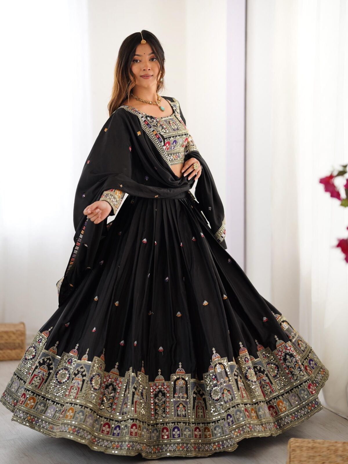 Taj-Black Traditional Designer Embroidery Work Black Lehenga