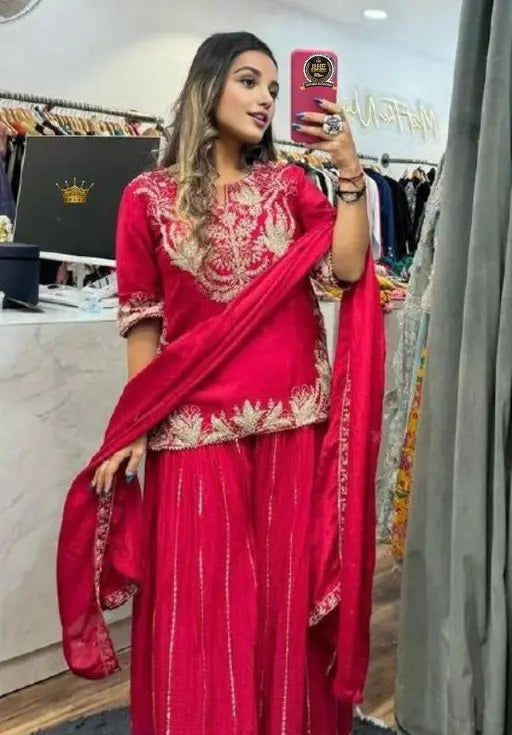 Babbly-Pink Ready To Wear Designer Pure Chinon Silk Sharara Suit