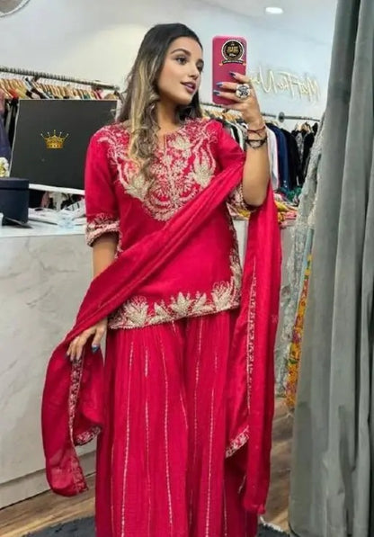Babbly-Pink Ready To Wear Designer Pure Chinon Silk Sharara Suit