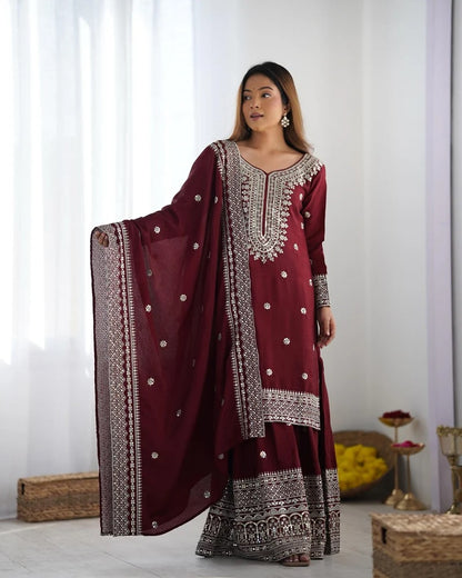 Liza-Maroon Chinon Silk Festival Wear Sharara Suit With Dupatta