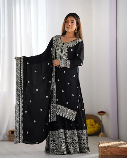 Liza-Black Color Chinon Silk Designer Sharara Suit For Women