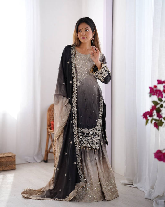Peding-Grey Elegant Chinon Silk Designer Suit With Sharara & Dupatta