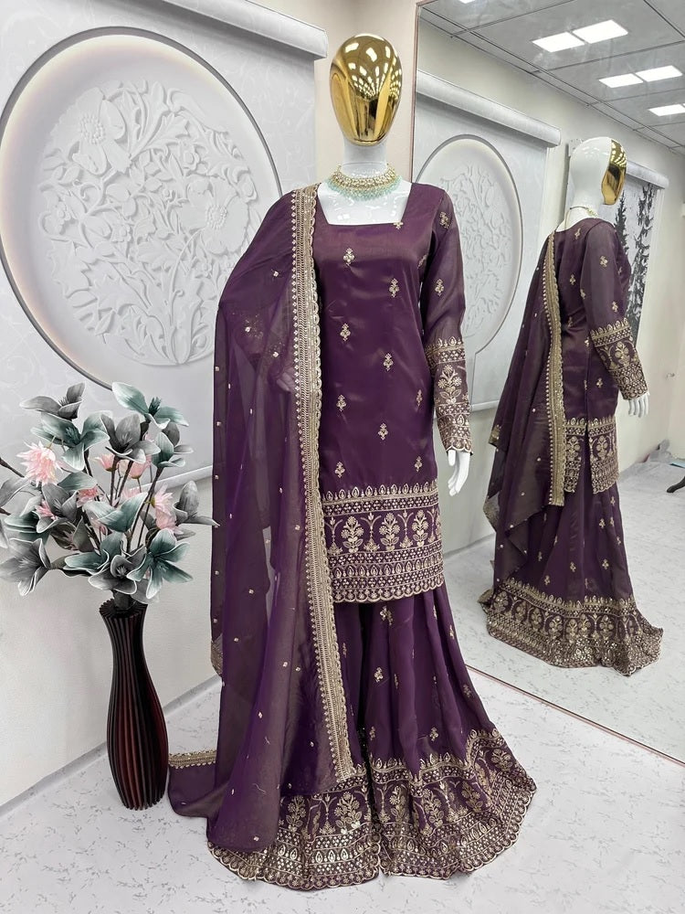 Arora-Wine Tweel Net Embroidered Work Kurta, Palazzo & Dupatta Set