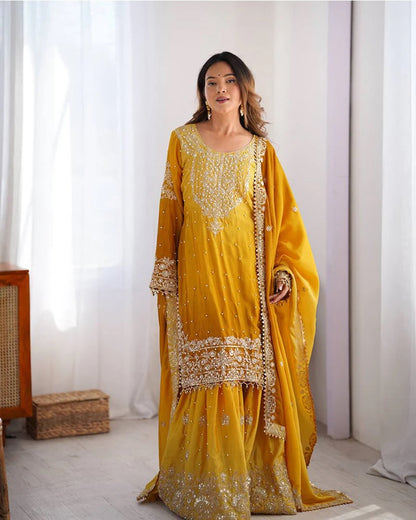 Peding-Yellow Embroidered Chinon Silk Sharara Suit