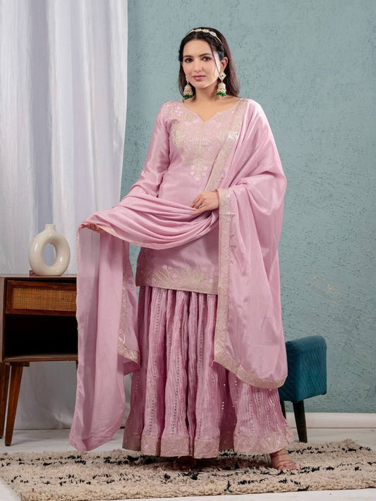 Babbly-Peach Chinon Silk Sharara Suit For Women's