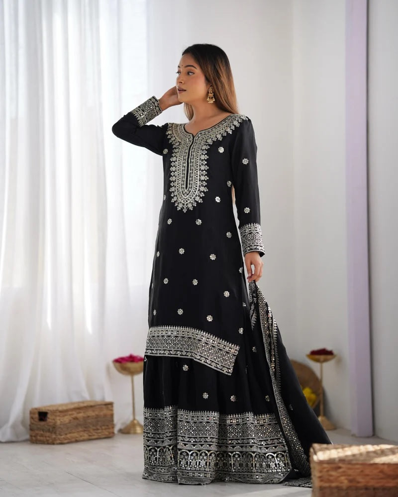 Liza-Black Color Chinon Silk Designer Sharara Suit For Women