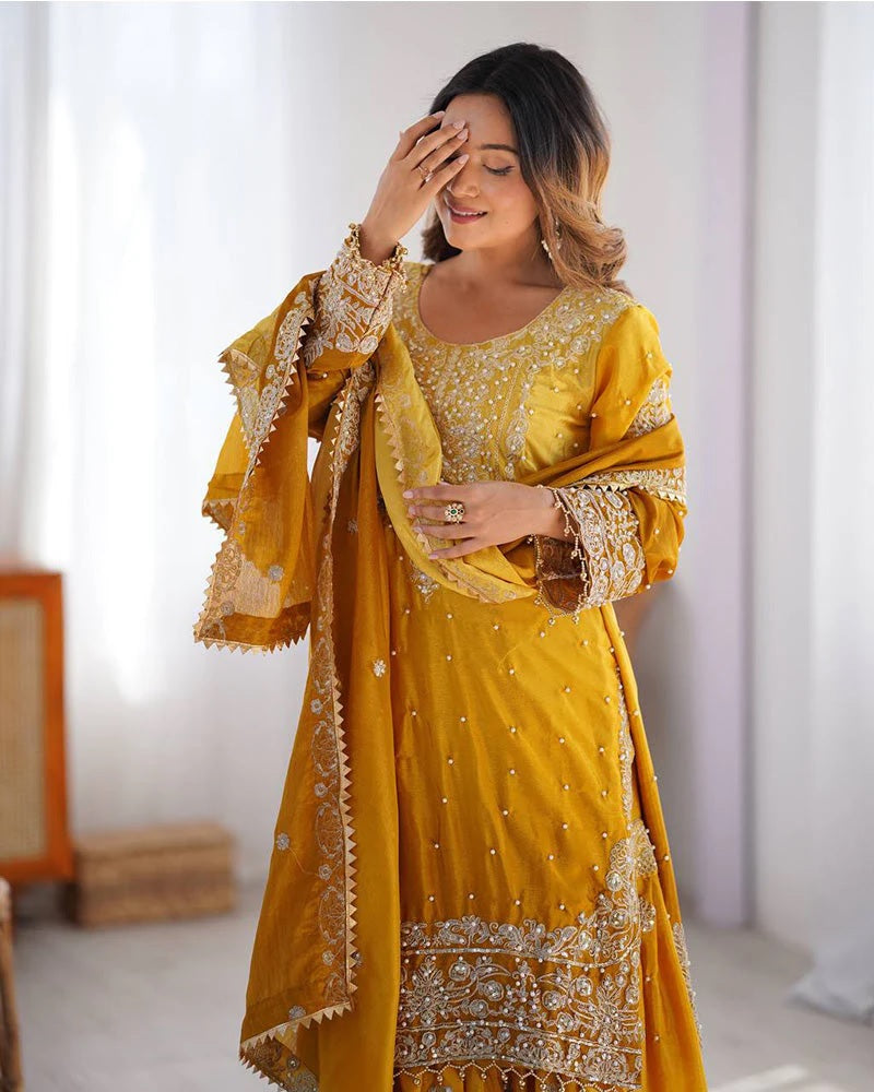 Peding-Yellow Embroidered Chinon Silk Sharara Suit
