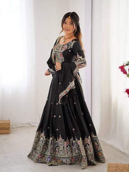 Taj-Black Traditional Designer Embroidery Work Black Lehenga