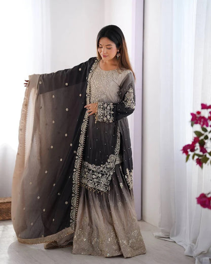 Peding-Grey Elegant Chinon Silk Designer Suit With Sharara & Dupatta