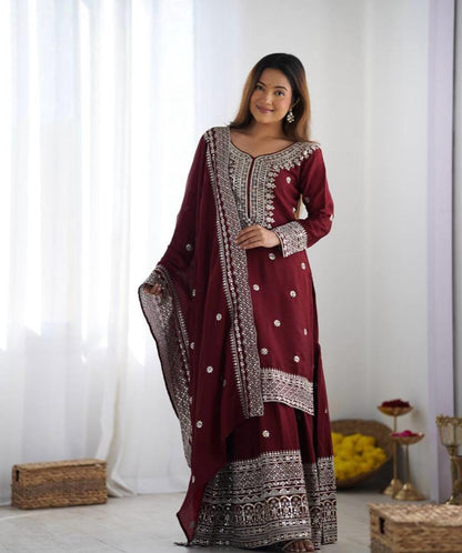 Liza-Maroon Chinon Silk Festival Wear Sharara Suit With Dupatta