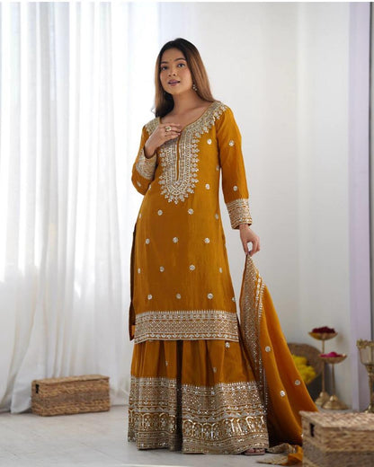 Liza-Mustard Chinon Silk Sharara Suit