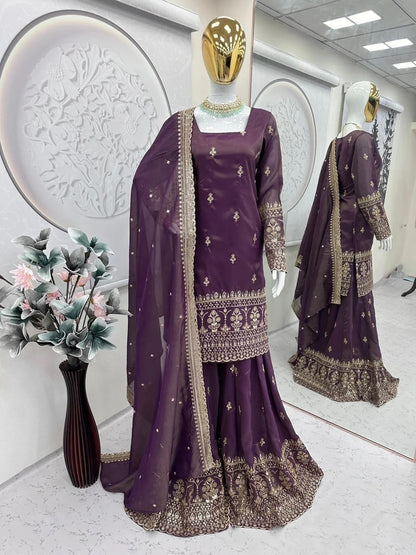 Arora-Wine Tweel Net Embroidered Work Kurta, Palazzo & Dupatta Set