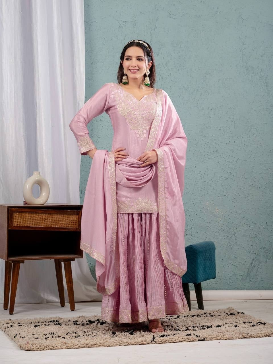Babbly-Peach Chinon Silk Sharara Suit For Women's
