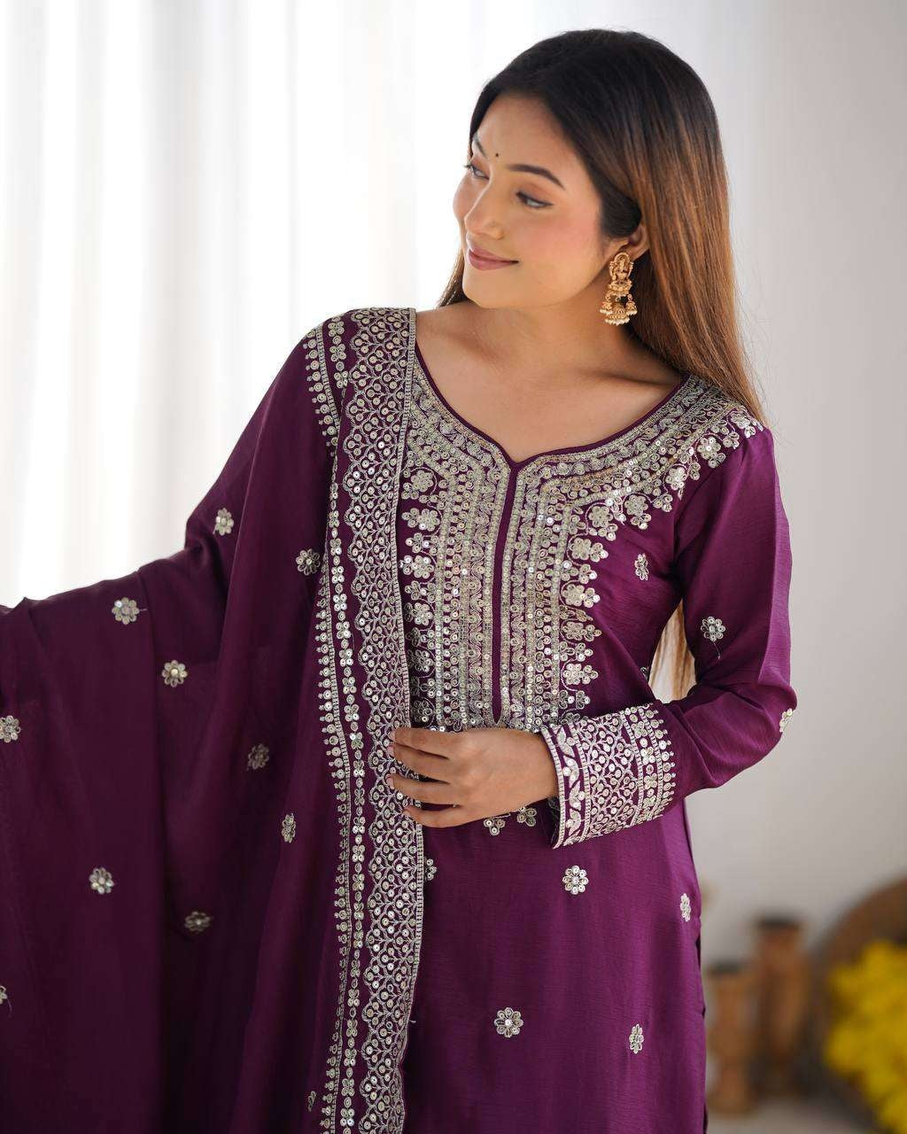 Liza-Wine Embroidered Work Chinon Silk Sharara Suit