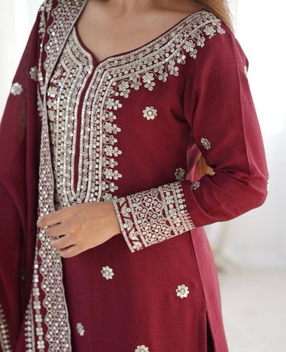 Liza-Maroon Chinon Silk Festival Wear Sharara Suit With Dupatta