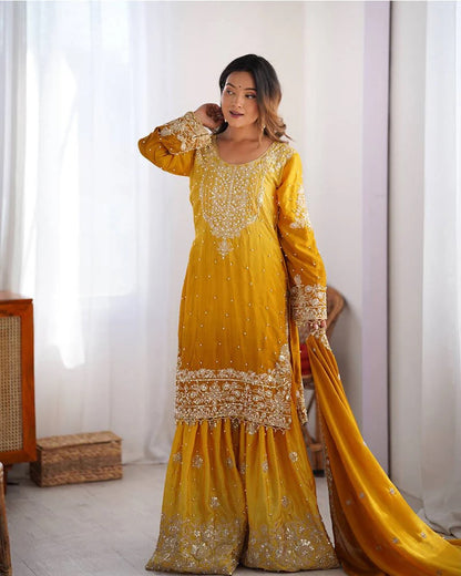 Peding-Yellow Embroidered Chinon Silk Sharara Suit