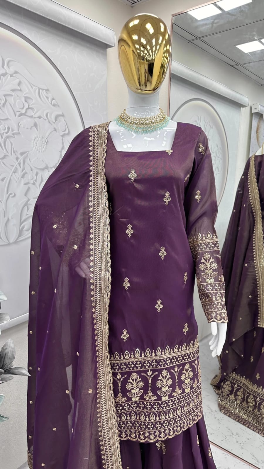 Arora-Wine Tweel Net Embroidered Work Kurta, Palazzo & Dupatta Set