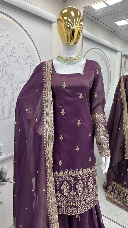 Arora-Wine Tweel Net Embroidered Work Kurta, Palazzo & Dupatta Set