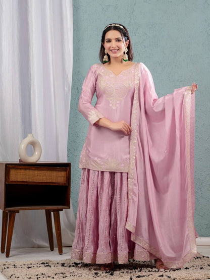Babbly-Peach Chinon Silk Sharara Suit For Women's