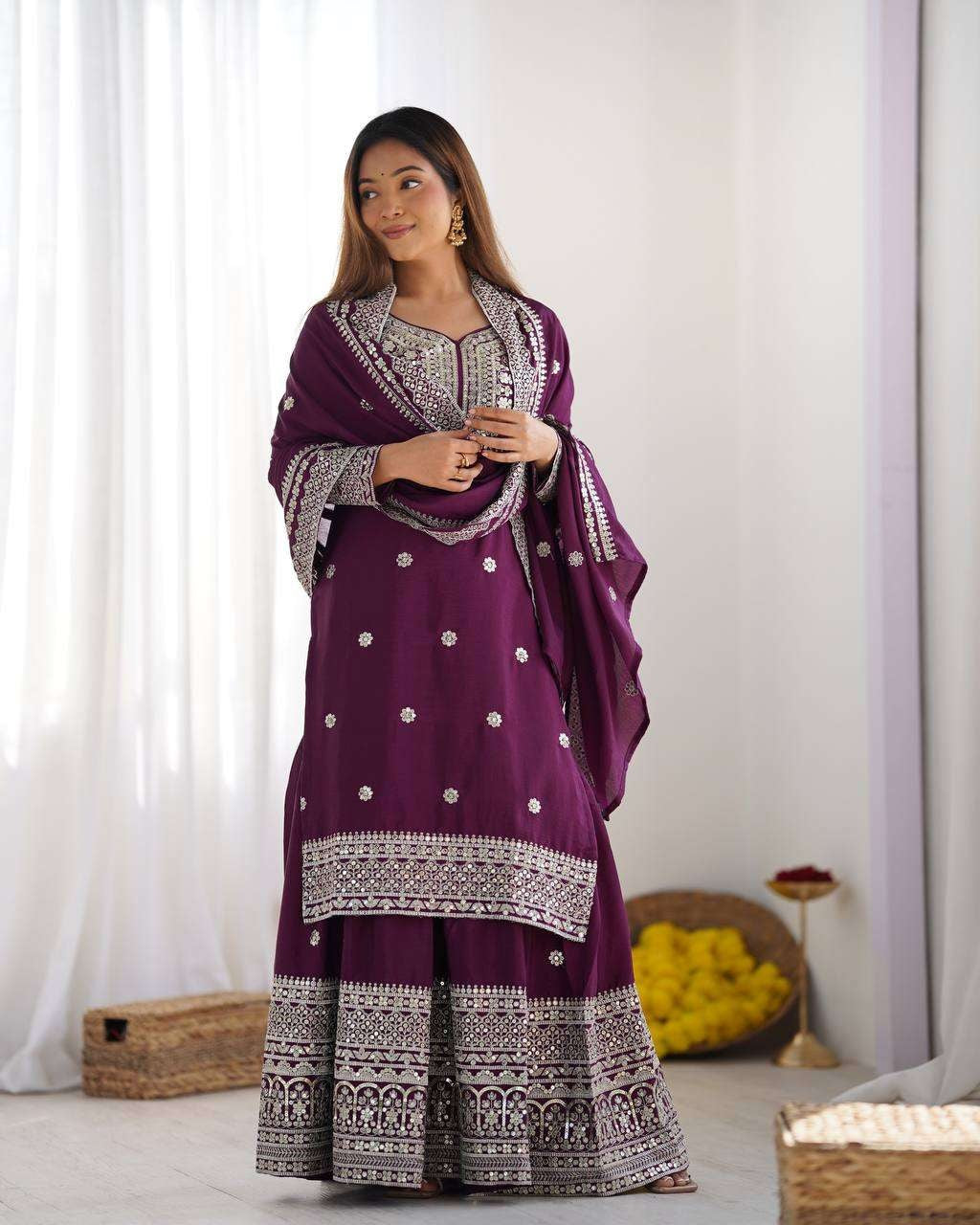 Liza-Wine Embroidered Work Chinon Silk Sharara Suit