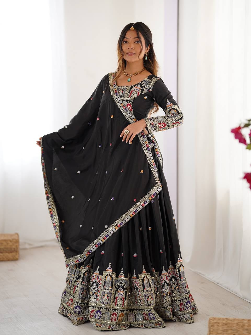 Taj-Black Traditional Designer Embroidery Work Black Lehenga
