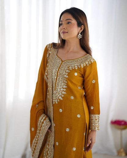Liza-Mustard Chinon Silk Sharara Suit