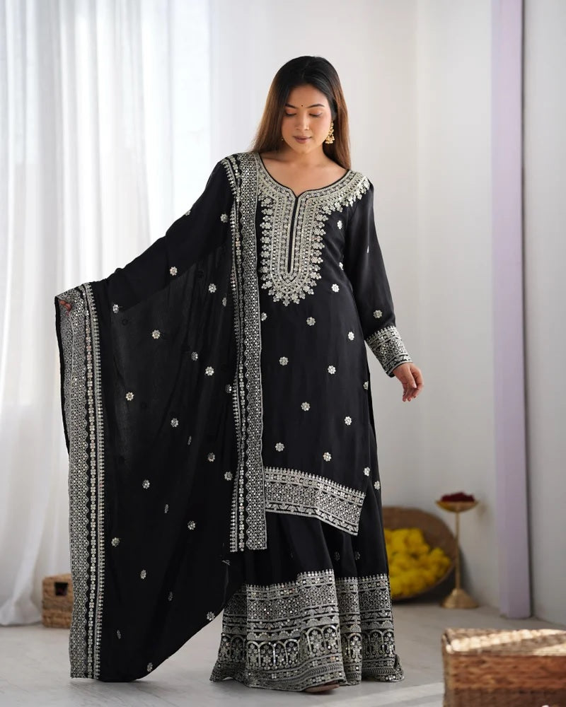 Liza-Black Color Chinon Silk Designer Sharara Suit For Women