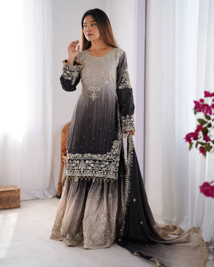 Peding-Grey Elegant Chinon Silk Designer Suit With Sharara & Dupatta