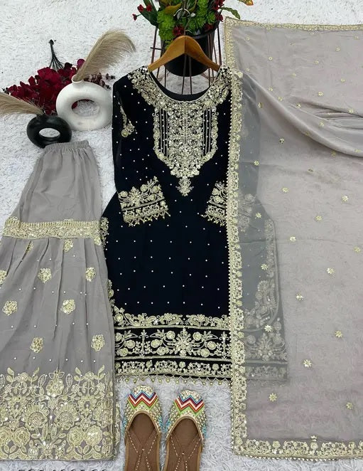 Vetrika-Black Designer Trendy Faux Georgette Sharara Suit