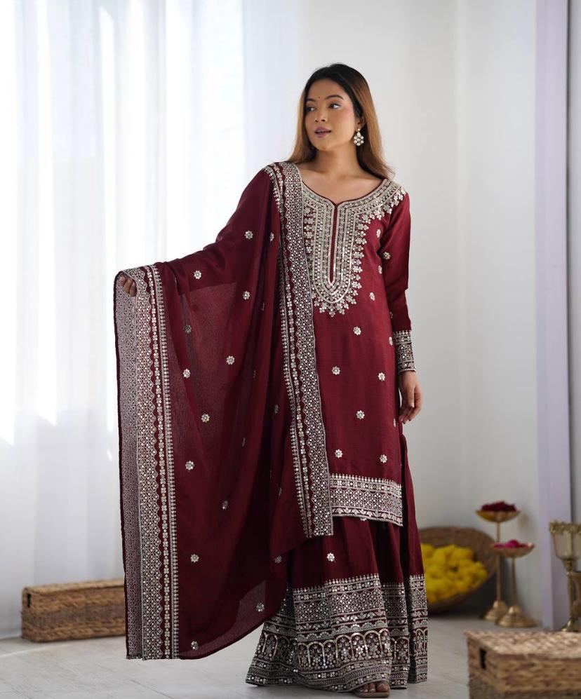 Liza-Maroon Chinon Silk Festival Wear Sharara Suit With Dupatta