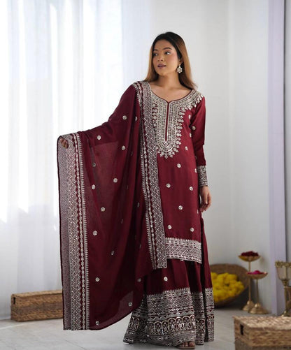 Liza-Maroon Chinon Silk Festival Wear Sharara Suit With Dupatta