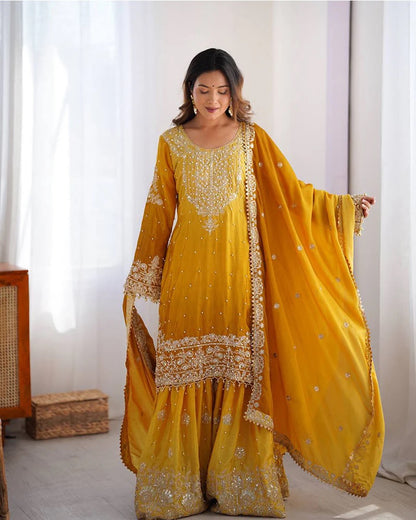 Peding-Yellow Embroidered Chinon Silk Sharara Suit
