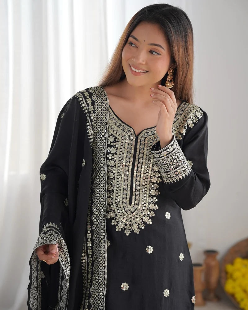 Liza-Black Color Chinon Silk Designer Sharara Suit For Women