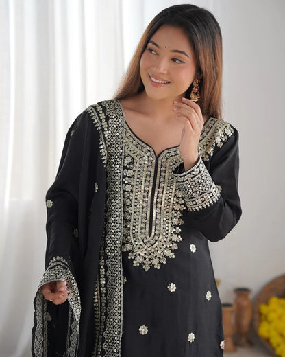 Liza-Black Color Chinon Silk Designer Sharara Suit For Women