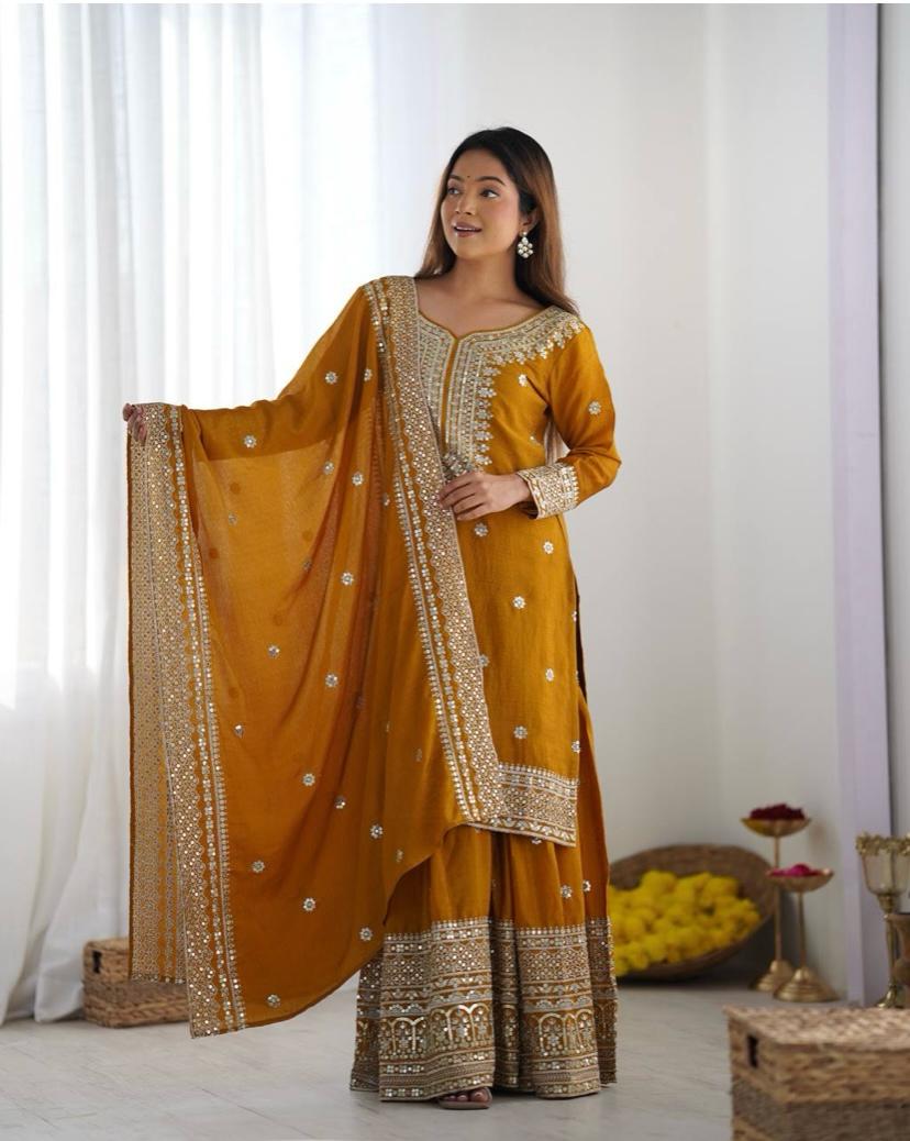 Liza-Mustard Chinon Silk Sharara Suit