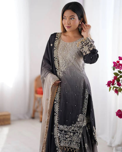 Peding-Grey Elegant Chinon Silk Designer Suit With Sharara & Dupatta