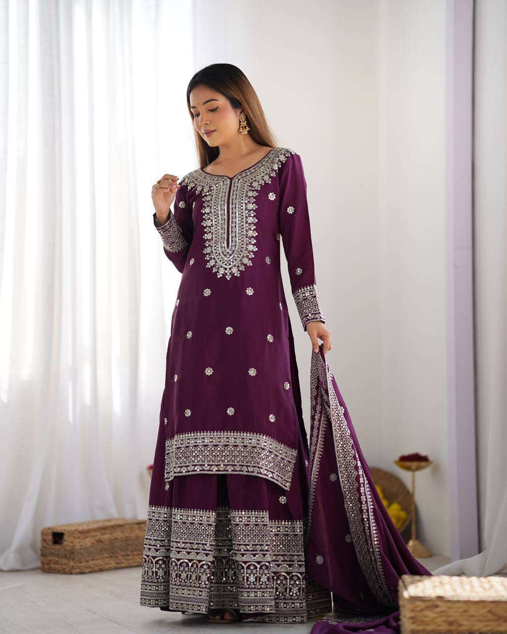 Liza-Wine Embroidered Work Chinon Silk Sharara Suit